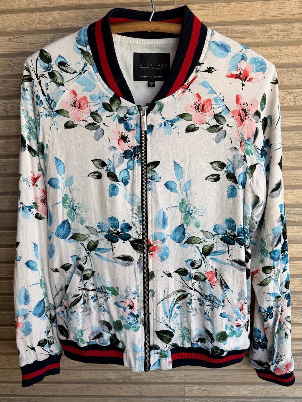 Sanctuary Floral Bomber Lightweight Jacket Striped Trim Zip Front Womens Small